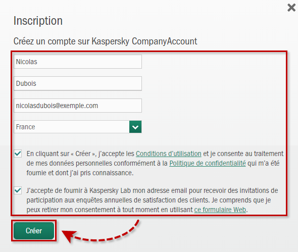 Remplir le formulaire pour créer un compte sur Kaspersky CompanyAccount