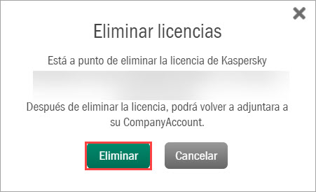 Confirmar la eliminación de una licencia en Kaspersky CompanyAccount