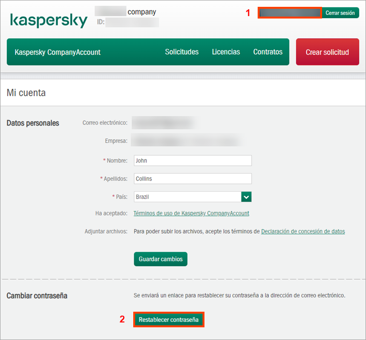 Restablecer una contraseña en Kaspersky CompanyAccount