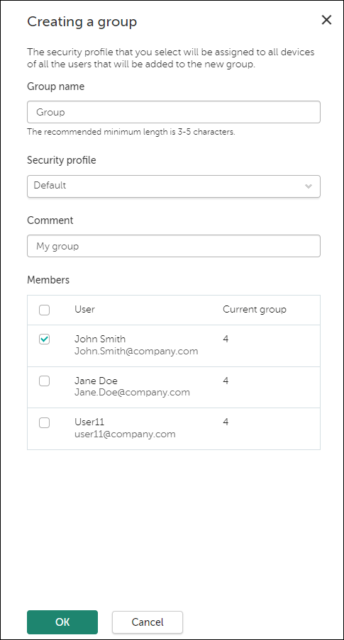 Creating a user group in Kaspersky Endpoint Security Cloud