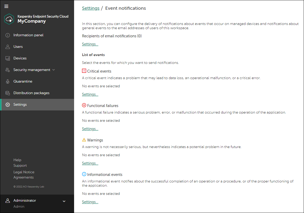 Configuring event notifications in Kaspersky Endpoint Security Cloud