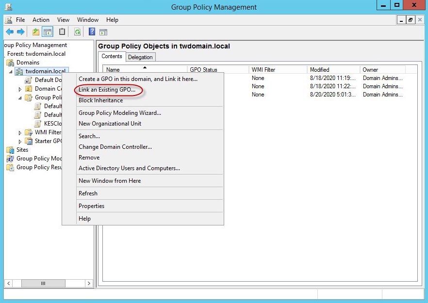 Group Policy Management window. Link an Existing GPO context menu item.