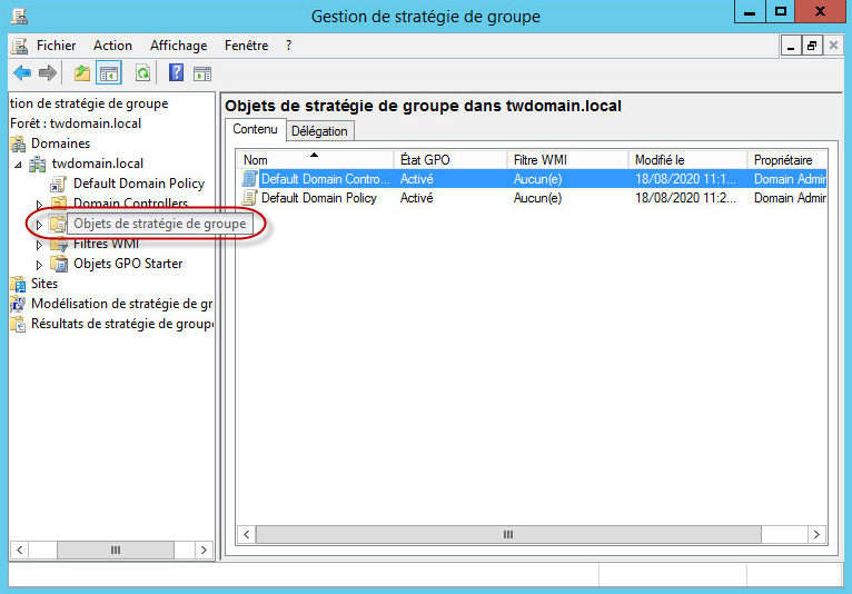 Fenêtre Gestion des stratégies de groupe. Nœud Objets de stratégie de groupe.