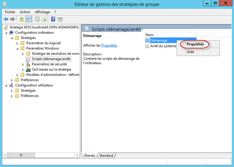 Fenêtre Gestion des stratégies de groupe. Démarrage → Option Propriétés du menu contextuel.