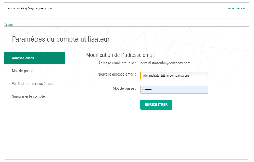 Fenêtre Paramètres du compte utilisateur. Onglet Adresse email.