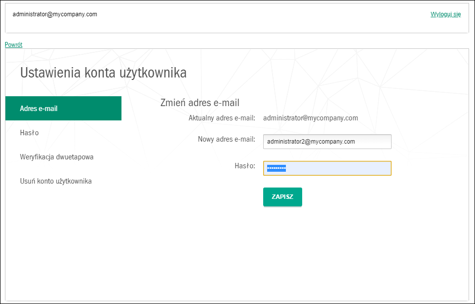 Zmienianie adresu e-mail w ustawieniach konta użytkownika na stronie Kaspersky Business Hub