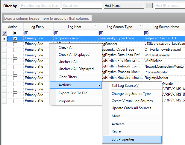 Editing properties of a log source