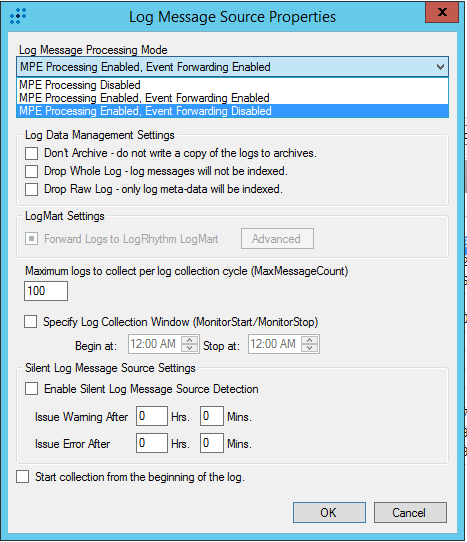 Log message source properties window