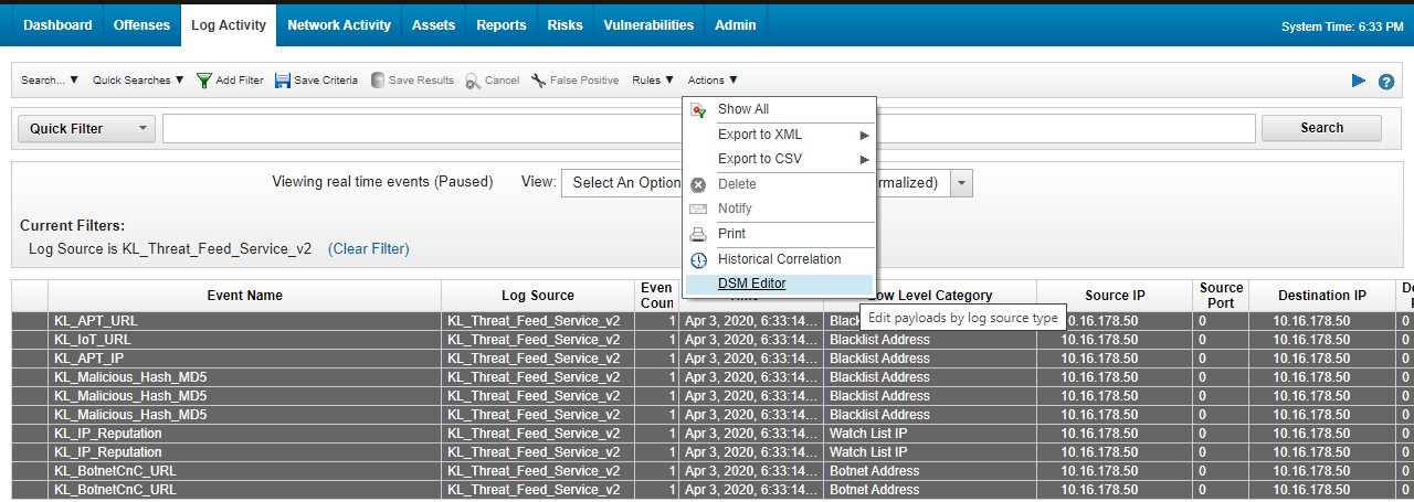 Log activity tab