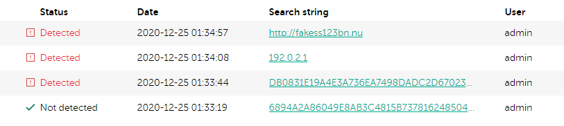 Single indicator search request history in CyberTrace.