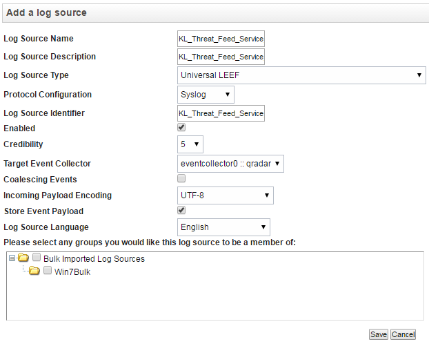 Add a log source window in QRadar.