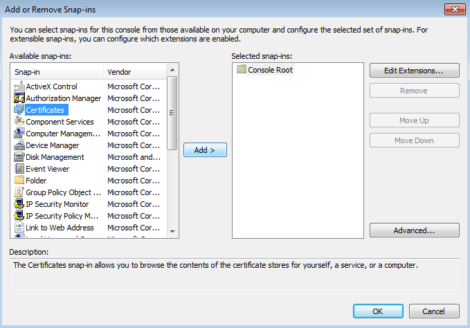 Add or Remove Snap-ins window. Available snap-ins on the left, Selected snap-ins on the right.