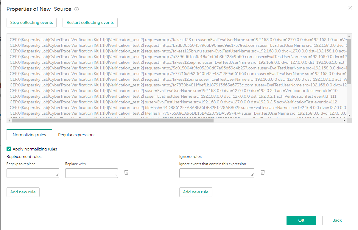 Defining the event source properties window.