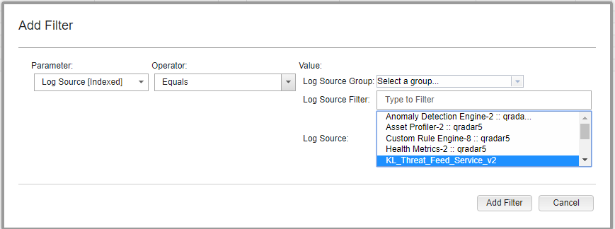 Add Filter window in QRadar.