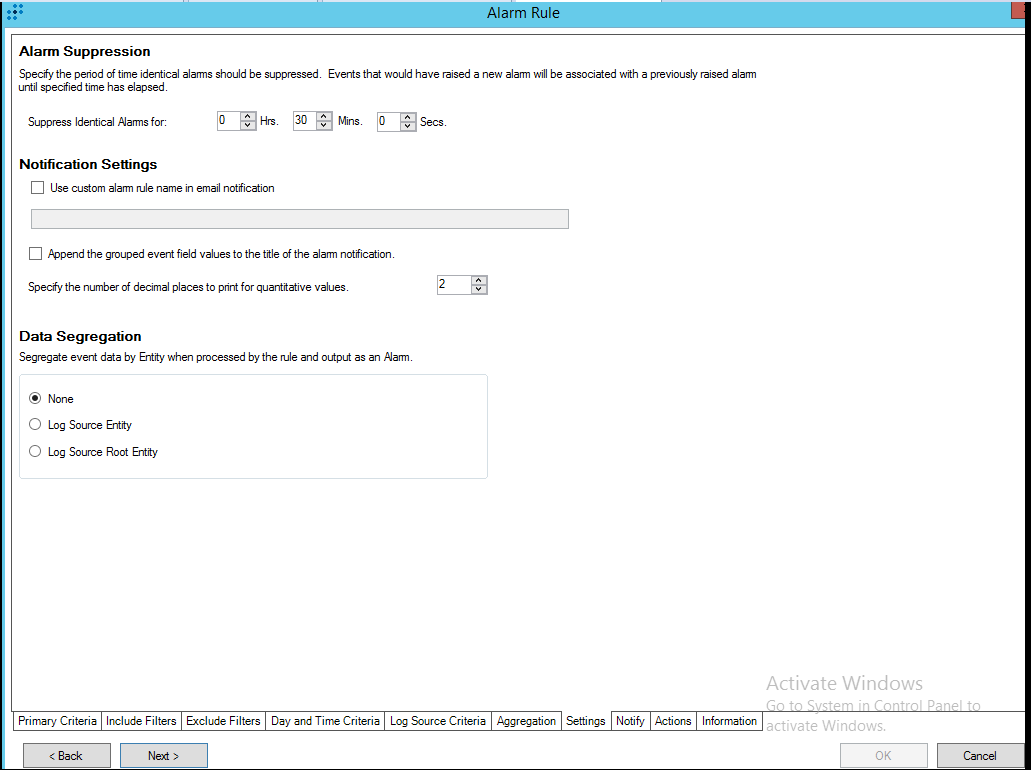 Alarm Rule window → Settings tab in LogRhythm.