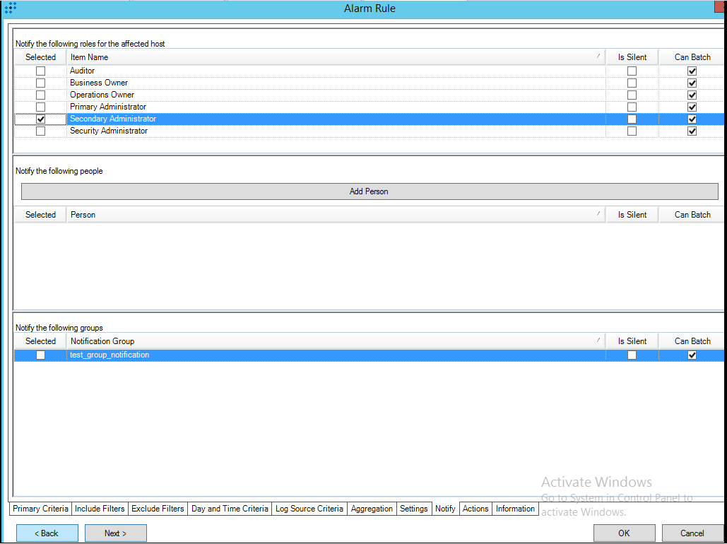 Alarm Rule window → Notify tab in LogRhythm.