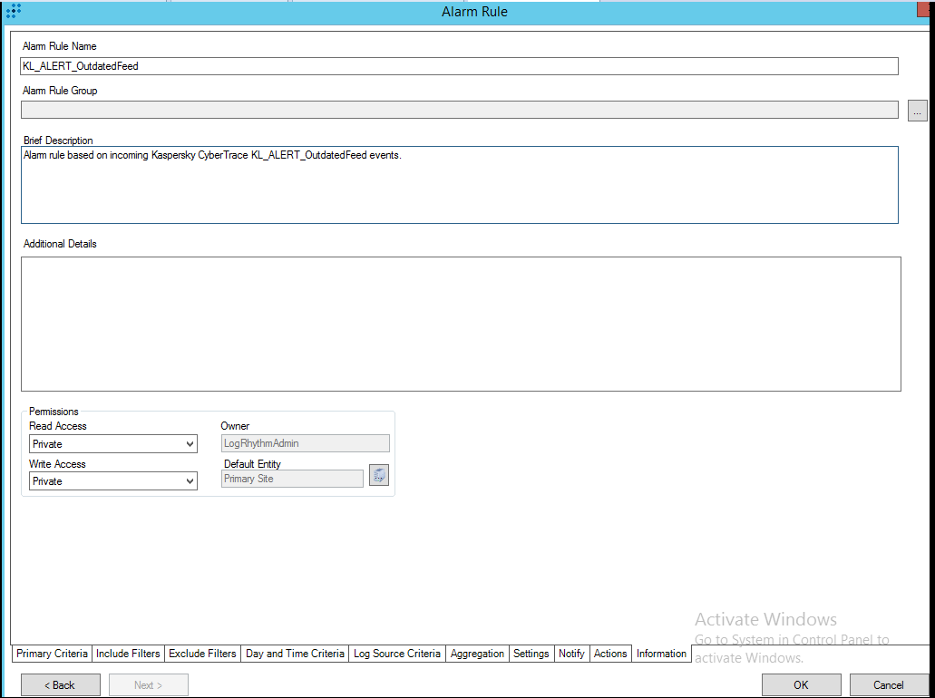 Alarm Rule window → Information tab in LogRhythm.