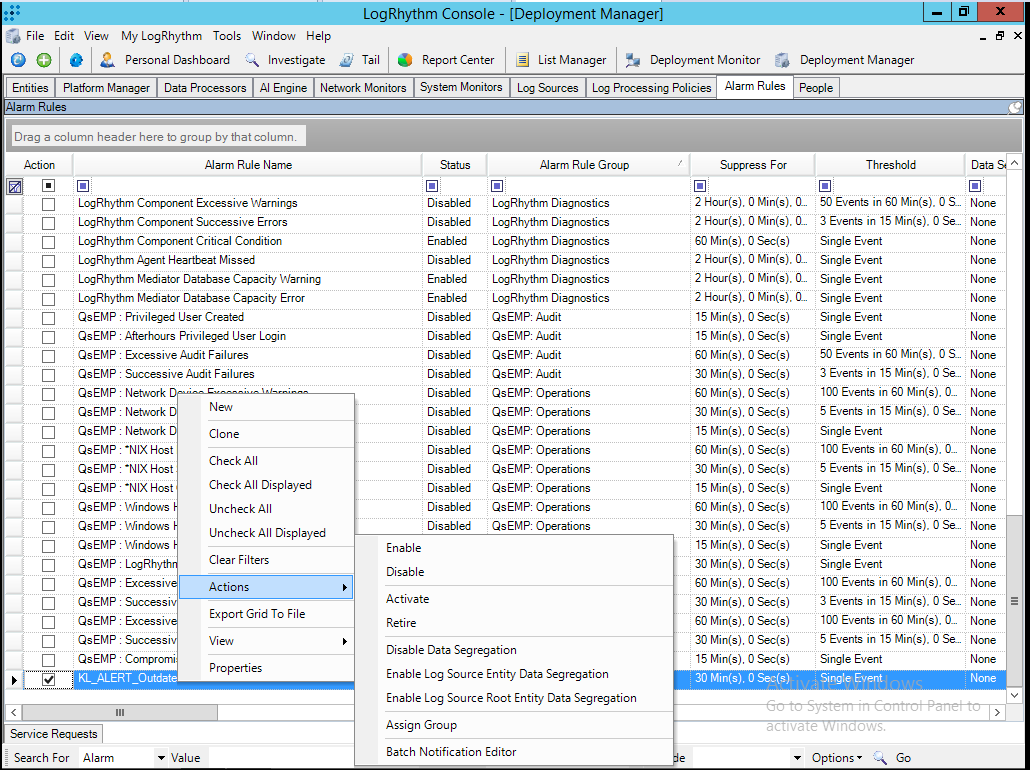 Alarm Rules list in LogRhythm.