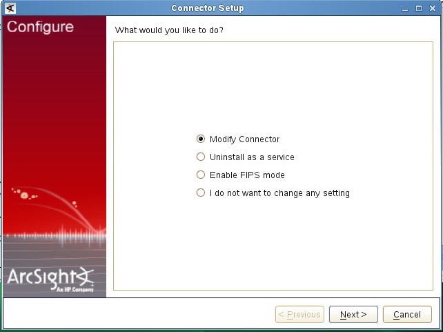 Selecting Modify Connector in ArcSight.