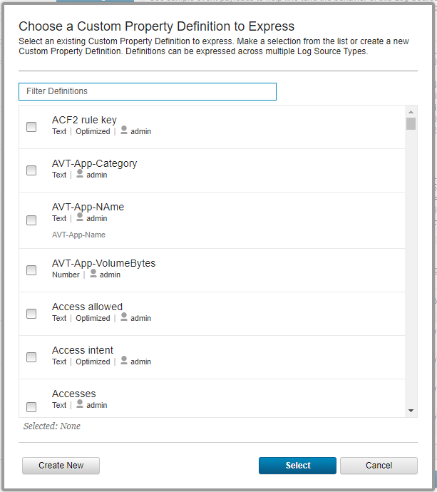 Choose a Custom Property Definition to Express window in QRadar.