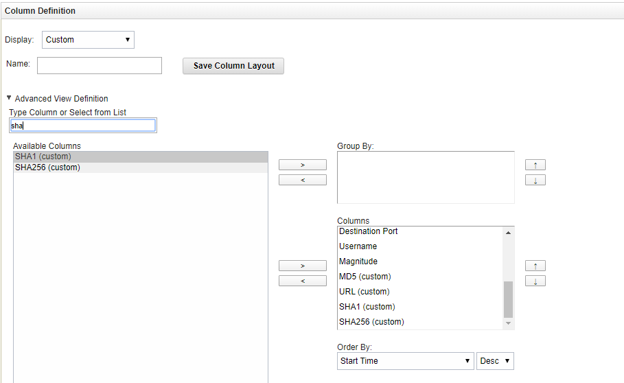 Column Definition window in QRadar.