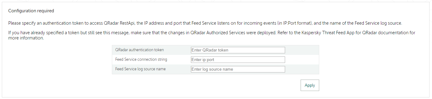 Configuration required window in QRadar.