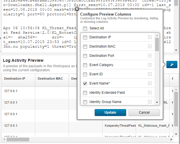 Configuring Preview Columns window in QRadar.