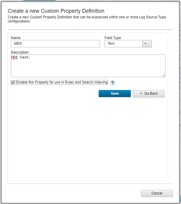 Creating a new Custom Property Definition window in QRadar.