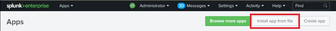 Install app from file button in Splunk.