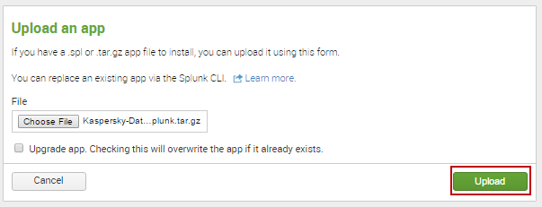 Upload an app window in Splunk. Upload button.