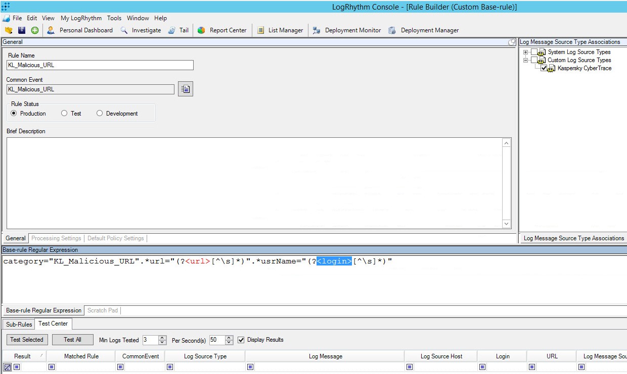 Rule Builder window in LogRhythm. Recommended regular expressions.