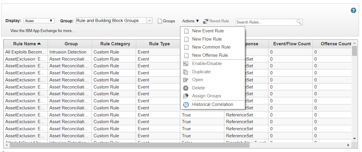 Rules page in QRadar. New Event Rule menu item.