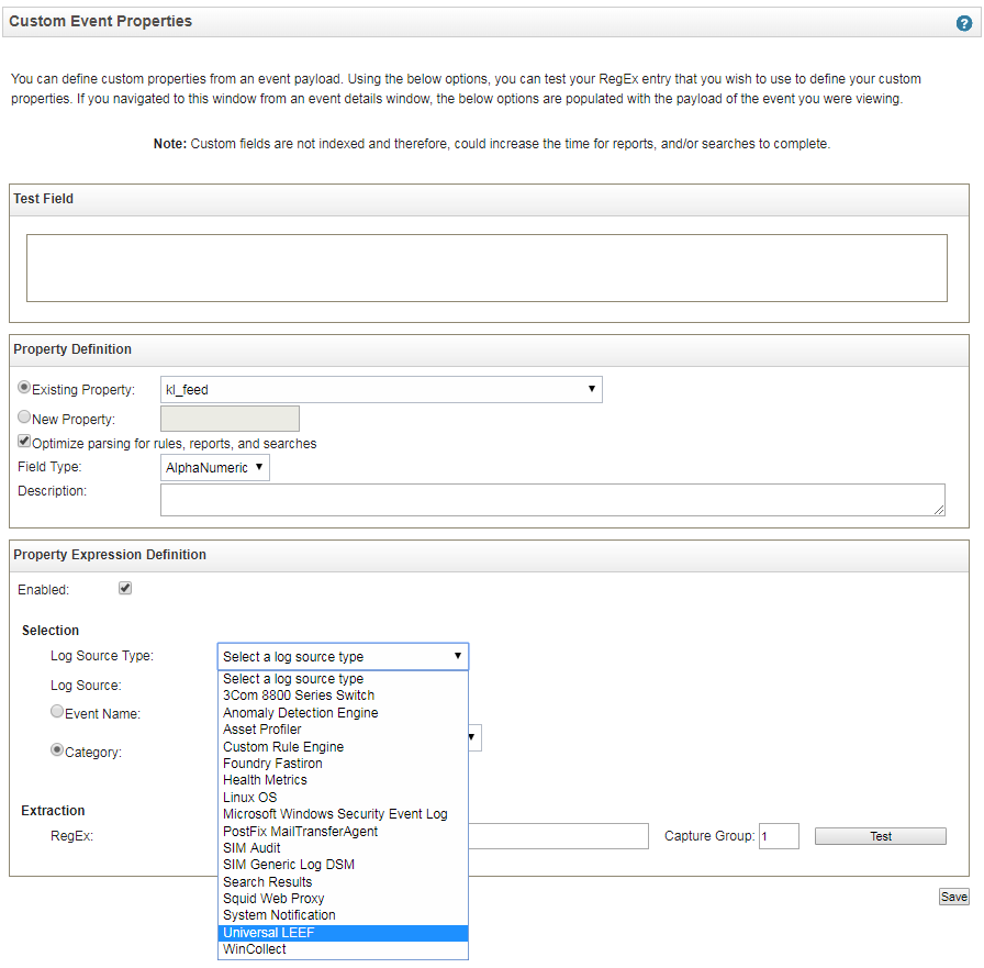 Custom Event Properties window in QRadar. Log Source Type list open.