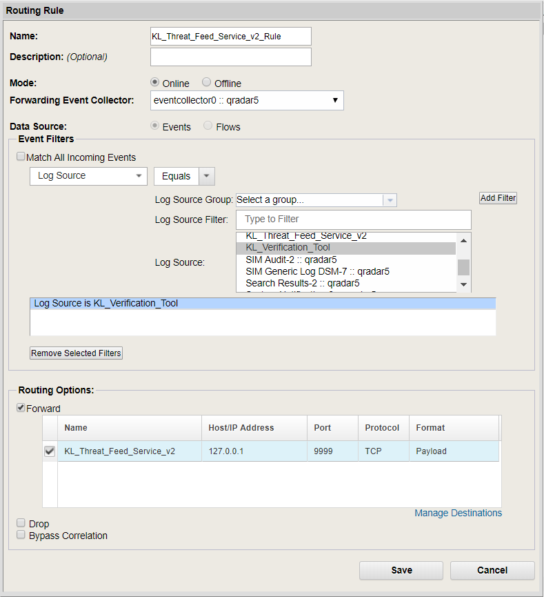 Routing Rule window in QRadar.