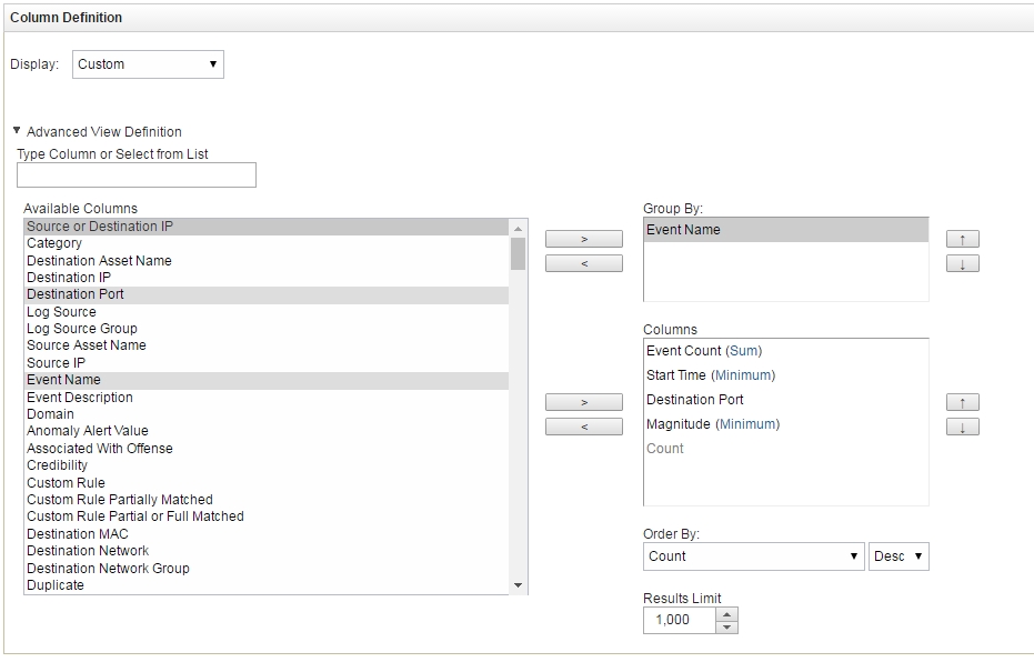 Column Definition window in QRadar.