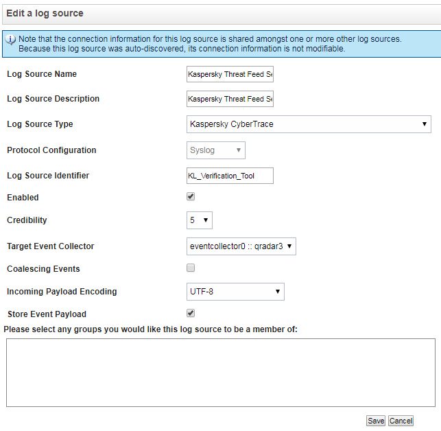 Edit a log source window in QRadar.