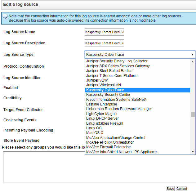 Edit a log source window in QRadar. Log Source Type list.