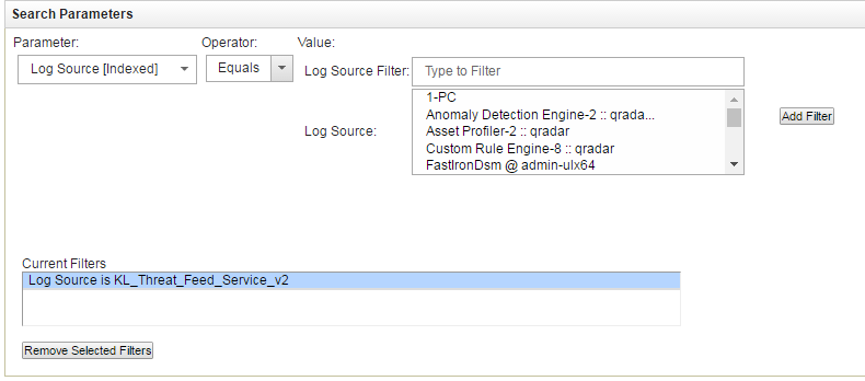 Search Parameters window in QRadar.