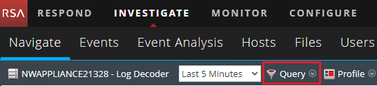 Navigate toolbar in RSA NetWitness. Query button.