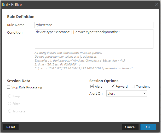 Rule Editor window in RSA NetWitness.