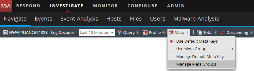 Investigate → Navigate → Meta → Manage Meta Groups menu item in RSA NetWitness.