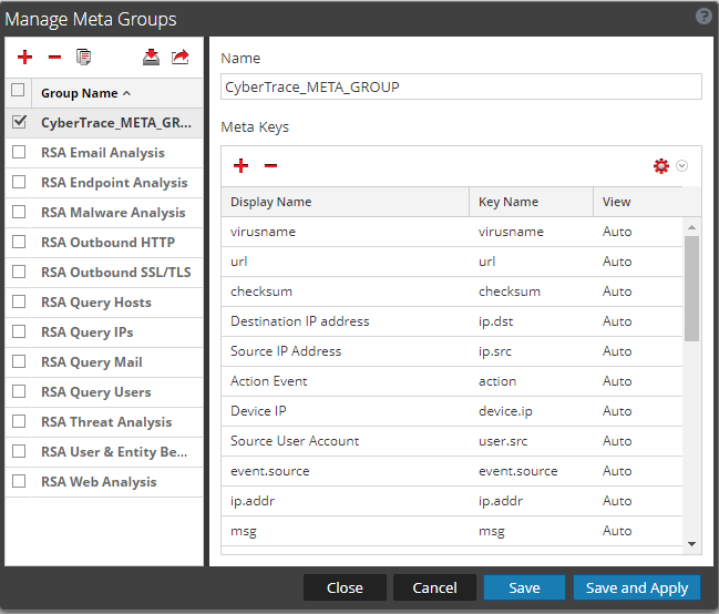 Manage Meta Groups window in RSA NetWitness. Adding a Meta group.