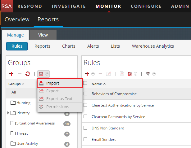 Settings (gear) split button → Import menu item in RSA NetWitness.