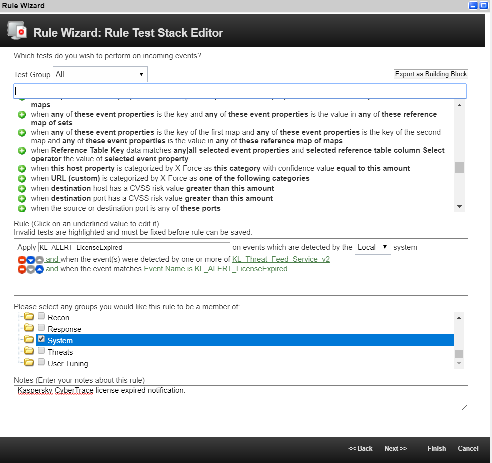 Rule Wizard in QRadar. Rule Editor.