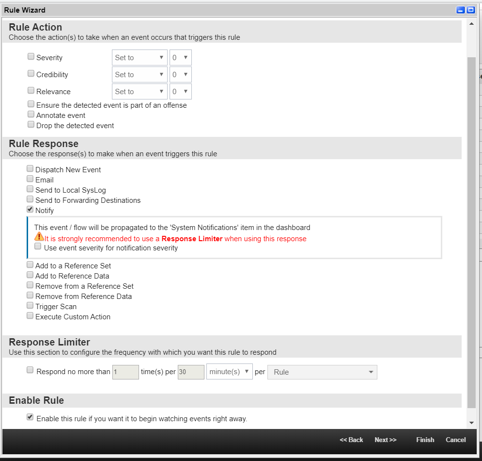 Rule Wizard in QRadar. Rule Response.