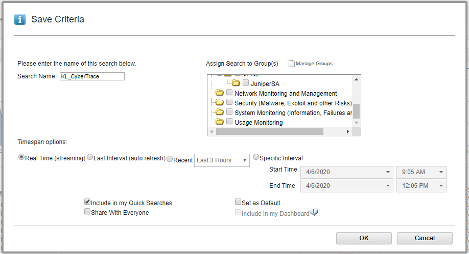 Save Criteria window in QRadar.