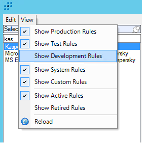 View → Show Development Rules menu item in LogRhythm.