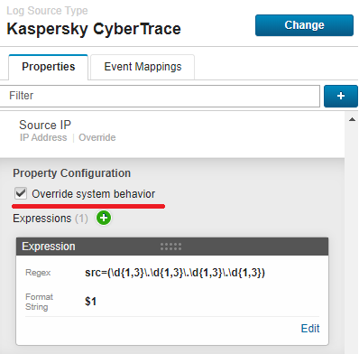 Source IP configuration in QRadar. Override system behavior check box.