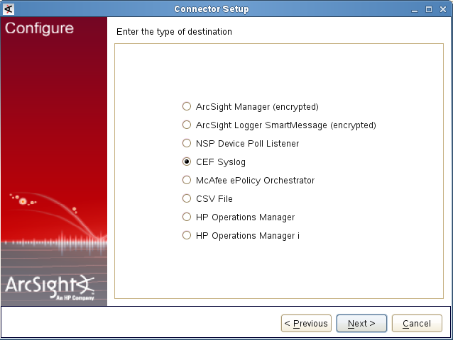 Enter the type of destination window in ArcSight.