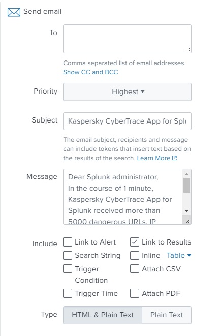 Send email window in Splunk.